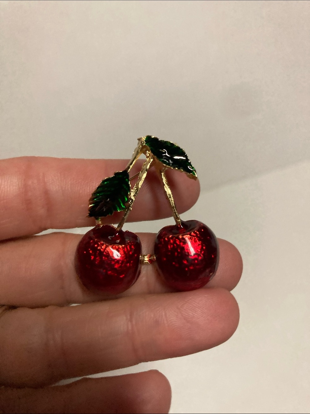 Gold-Tone Cherry Brooch Pin in Red and Green Enamel